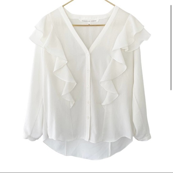 Veronica Beard Off-White Ruffle Shoulder Button-Front V-Neck Blouse Size 6 - Picture 4 of 14